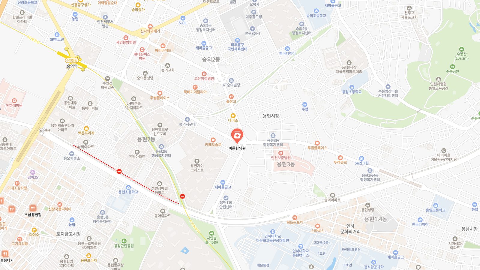 바른한의원 주변 지도. 물텀벙이(용현)사거리 코너, 용현시장과 인천보훈병원 사이.